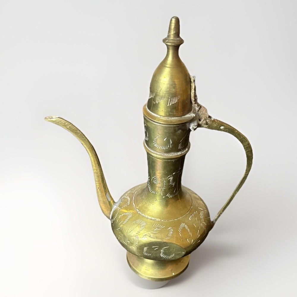 Vintage made in India Brass 8" Small coffee Pitcher w/ Lid, Floral etching.